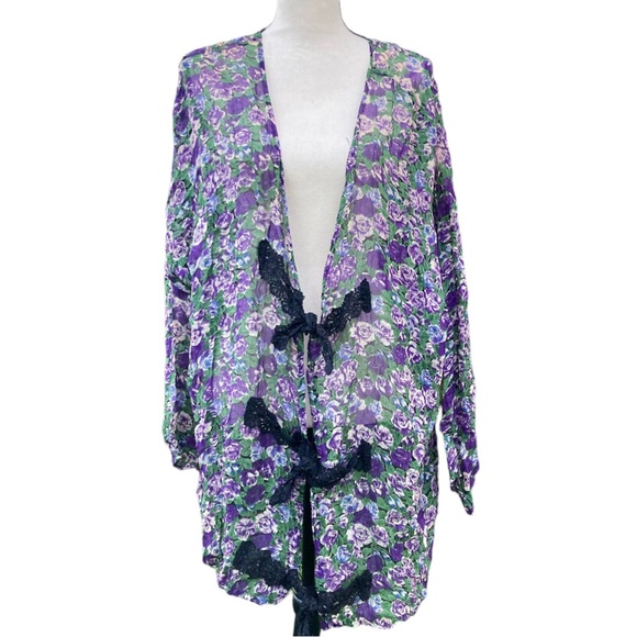 Vintage 90s Alexander Brown Floral Sheer Cardigan Lace Tie Rayon Purple Green XL - Picture 5 of 8
